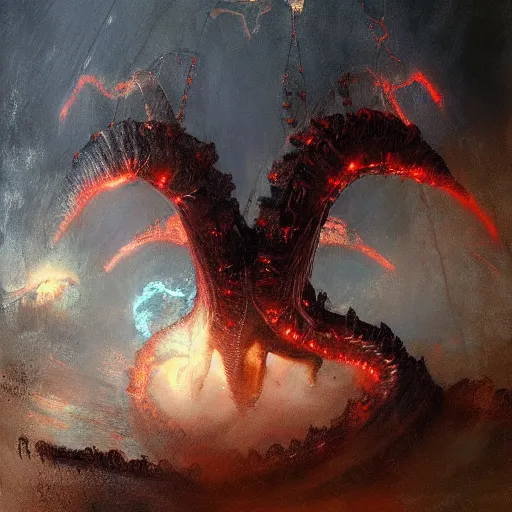 Prompt: king ghidorah, 3 heads, electric storm, painted by jeremy mann