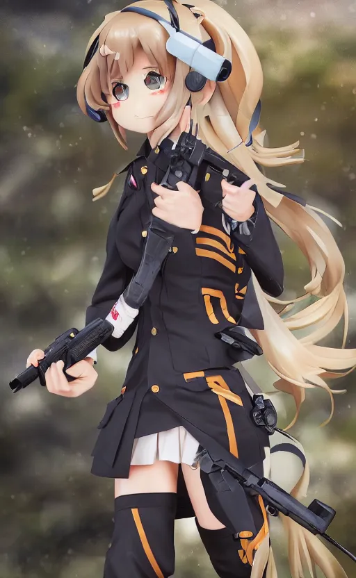 Image similar to toy, school uniform, portrait of the action figure of a girl, girls frontline style, anime figure, dirt and smoke background, flight squadron insignia, realistic military gear, 70mm lens, round elements, photo taken by professional photographer, character design by shibafu, trending on facebook, symbology, realistic anatomy, 4k resolution, matte, empty hands, realistic military carrier