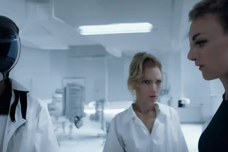 Image similar to movie closeup polar opposites, couple, researchers in a futuristic weapons lab, beautiful skin, Symmetrical faces. Beautiful lighting by Emmanuel Lubezki