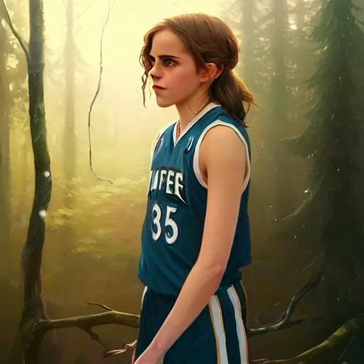 Image similar to portrait of teen emma watson in an nba minnesota timberwolves basketball uniform, fantasy art by greg rutkowski, loish, rhads, ferdinand knab, makoto shinkai and lois van baarle, ilya kuvshinov, rossdraws, tom bagshaw, global illumination, radiant light, detailed and intricate environment