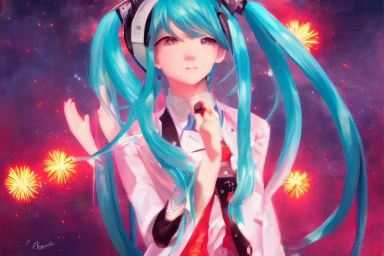 Prompt: hatsune miku singing for the whole world, fireworks at the greatest festival of all time, by ross tran, oil on canvas