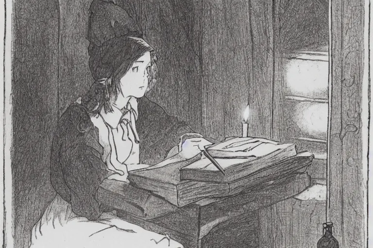 Image similar to a young witch writing in her spellbook halloween, over the shoulder angle, studio ghibli, warm, earthy tones, lit by candlelight, mucha