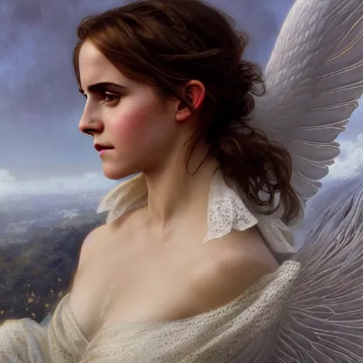 Image similar to emma watson as an angel, white lace, highly detailed, digital painting, matte, sharp focus, art by artgerm, greg rutkowski, alphonse mucha, frank frzetta, boris vallejo, bouguereau, beksinski, cinematic