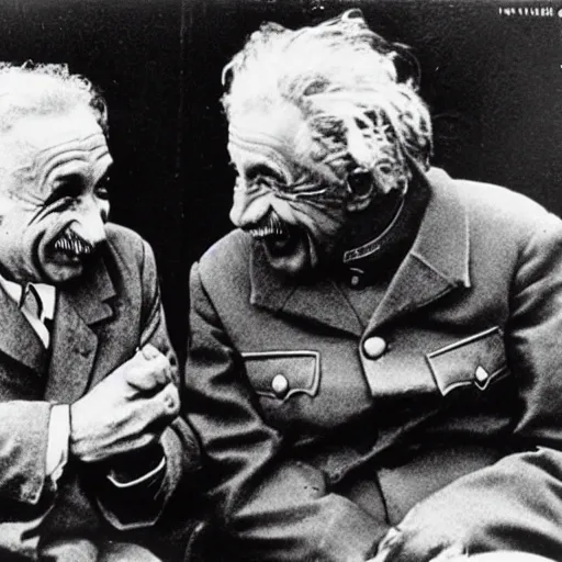 Image similar to Einstein laughing at Stalin, historical photo, high grain, black and white, highly detailed