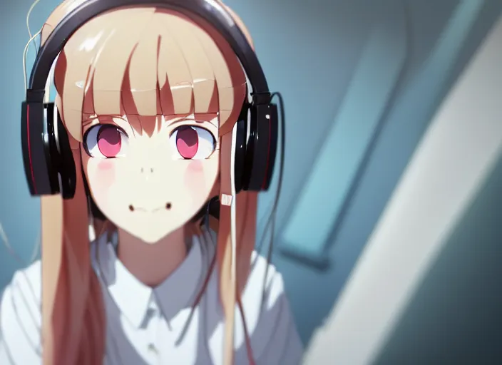 Prompt: a film still portrait of a white long hair red eyed young cute girl wearing a headset in a room interior, closeup, perfect art, gapmoe yandere, trending on pixiv fanbox, painted by makoto shinkai takashi takeuchi studio ghibli