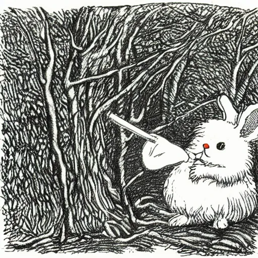 Prompt: drawing of a white bunny smoking a big cigarette in the deep tangled forest, by edward gorey, by gustav dore