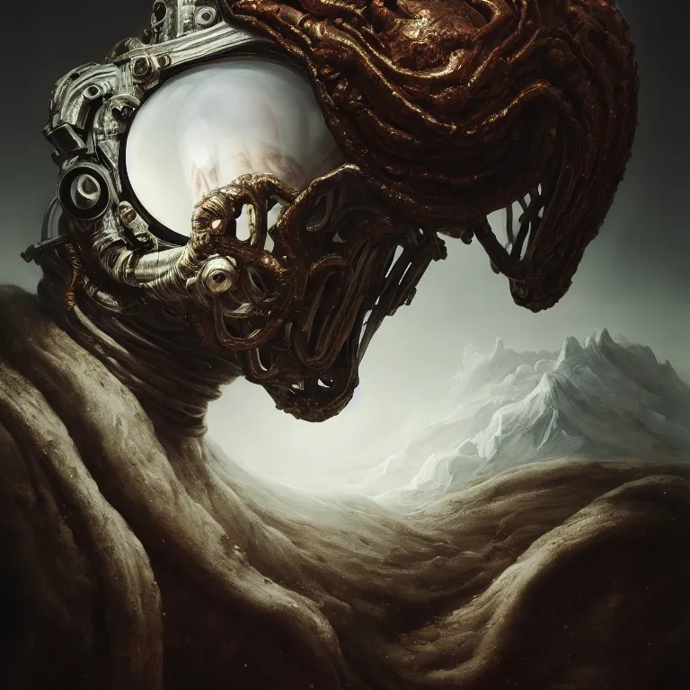 Prompt: portrait of beautiful man wearing white ribbed scorpio as mask, wastelands on white exoplanet, baroque portrait painting, beautiful intricate insanely detailed octane render, artstation, 8 k artistic harsh flash photography, photorealistic, volumetric perfect light, chiaroscuro, raphael, caravaggio, beksinski, rutkowski, giger