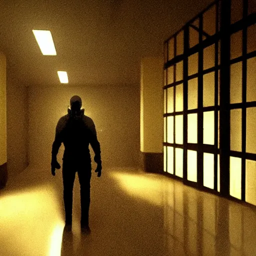 Prompt: in the house of p. t., dark hallway, bad camrea, hideo kojima's ghost form appears in front of you, hideo kojima is transparent, unreal engine 5