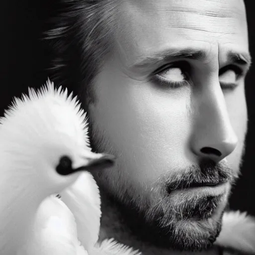 Image similar to closeup portrait of ryan gosling dressed as a goose, feather suit, wings, natural light, sharp, detailed face, magazine, press, photo, steve mccurry, david lazar, canon, nikon, focus