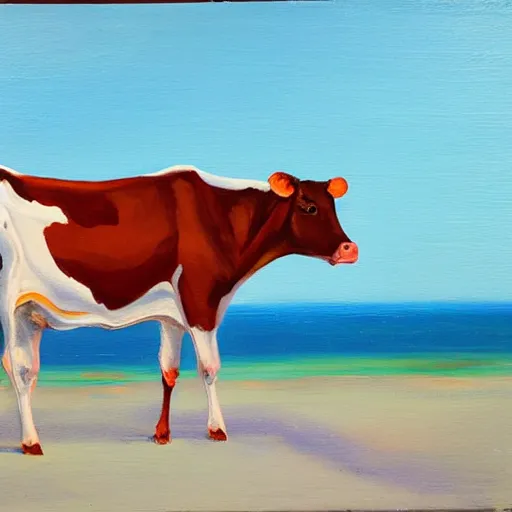 Prompt: a cow on a venician white sand beach, Oil on blue canvas