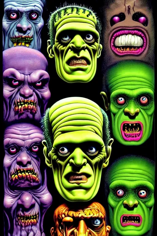 Image similar to a hyperrealistic painting of frankenstein monster heads, cinematic horror by basil wolverton, lisa frank, richard corben, kris kuksi, highly detailed, vivid color,