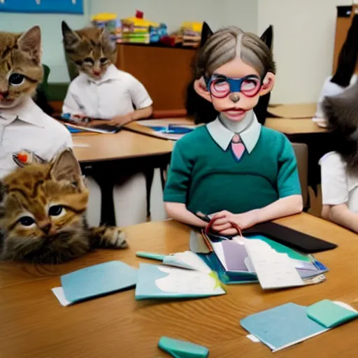 Prompt: anthropomorphic cute kittens sitting at their desks on the first day of kindergarten, medium shot by Wes Anderson