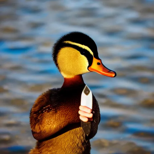 Prompt: a photo of a duck holding a knife with its beack, high quality, strong bokeh, 4k