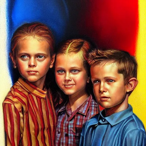 Image similar to four siblings standing together, airbrush art, drew struzan illustration art, key art, portrait