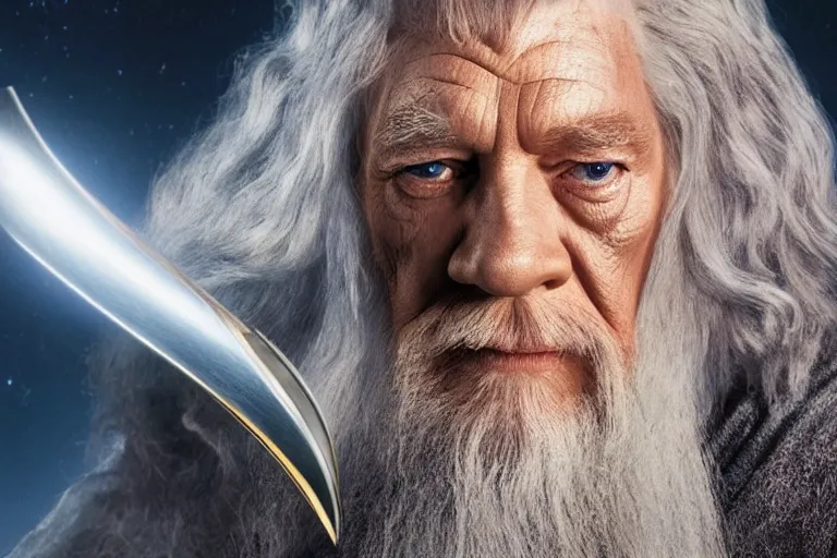 Image similar to promotional image of gandalf as captain kirk in the new star trek movie, detailed face, movie still frame, promotional image, imax 70 mm footage