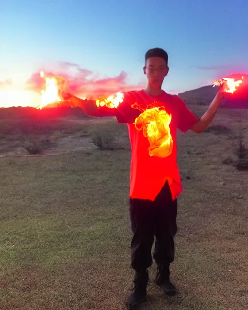 Image similar to photograph, squidward wearing fire nation clothing and practicing firebending outside at susnset