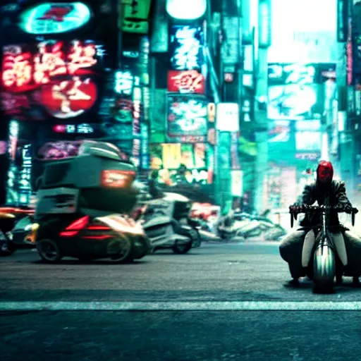 Image similar to spawn riding a tricycle in a neotokyo street, cyberpunk, movie still, 4 k