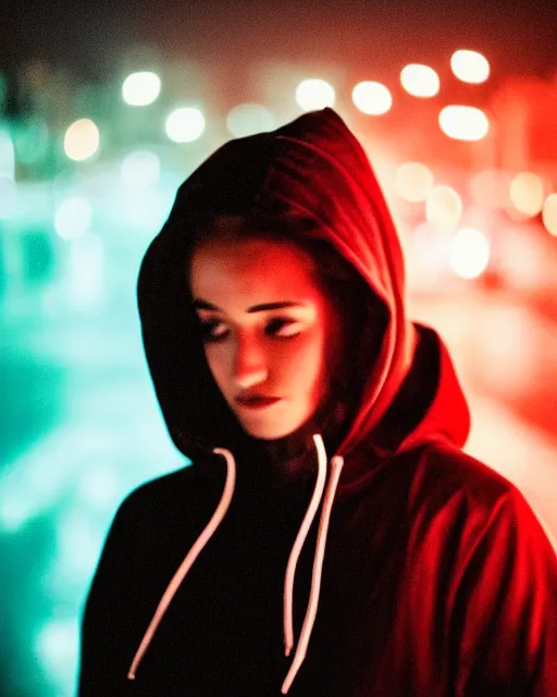 Prompt: a closeup portrait of as beautiful young woman wearing a transparent hoody standing in the middle of a busy night road, raining with lots on neon lights on the background, very backlit, moody feel, dramatic