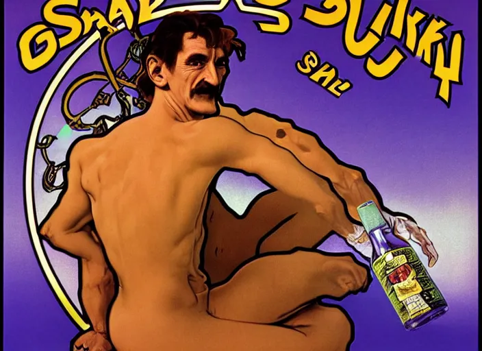 Image similar to barry chuckle drinking a bottle of snake oil, snake oil advertisement from 1 9 8 8, artwork by alphonse mucha and richard corben, 3 d, high resolution 8 k