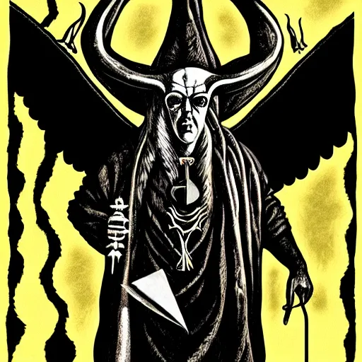 Image similar to graphic illustration, creative design, aleister crowley with baphomet, biopunk, francis bacon, highly detailed, hunter s thompson, concept art