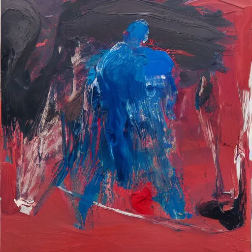 Image similar to _ in _ these _ paintings _ we _ see _ a _ big _ man _ who _ seem _ to _ be _ walking _ in _ circles in an empty void space, 4 k, in the style of ben quilty, minimal red and blue palette, medium shot, oil paint with thick brushstrokes of paint, impasto, detailed,