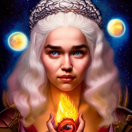 Image similar to cosmic lofi daenerys targaryen portrait, queen of dragons, fire flaming serpent, Pixar style, by Tristan Eaton Stanley Artgerm and Tom Bagshaw.