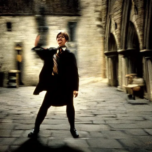 Image similar to happy potter, wide shot, by christopher nolan