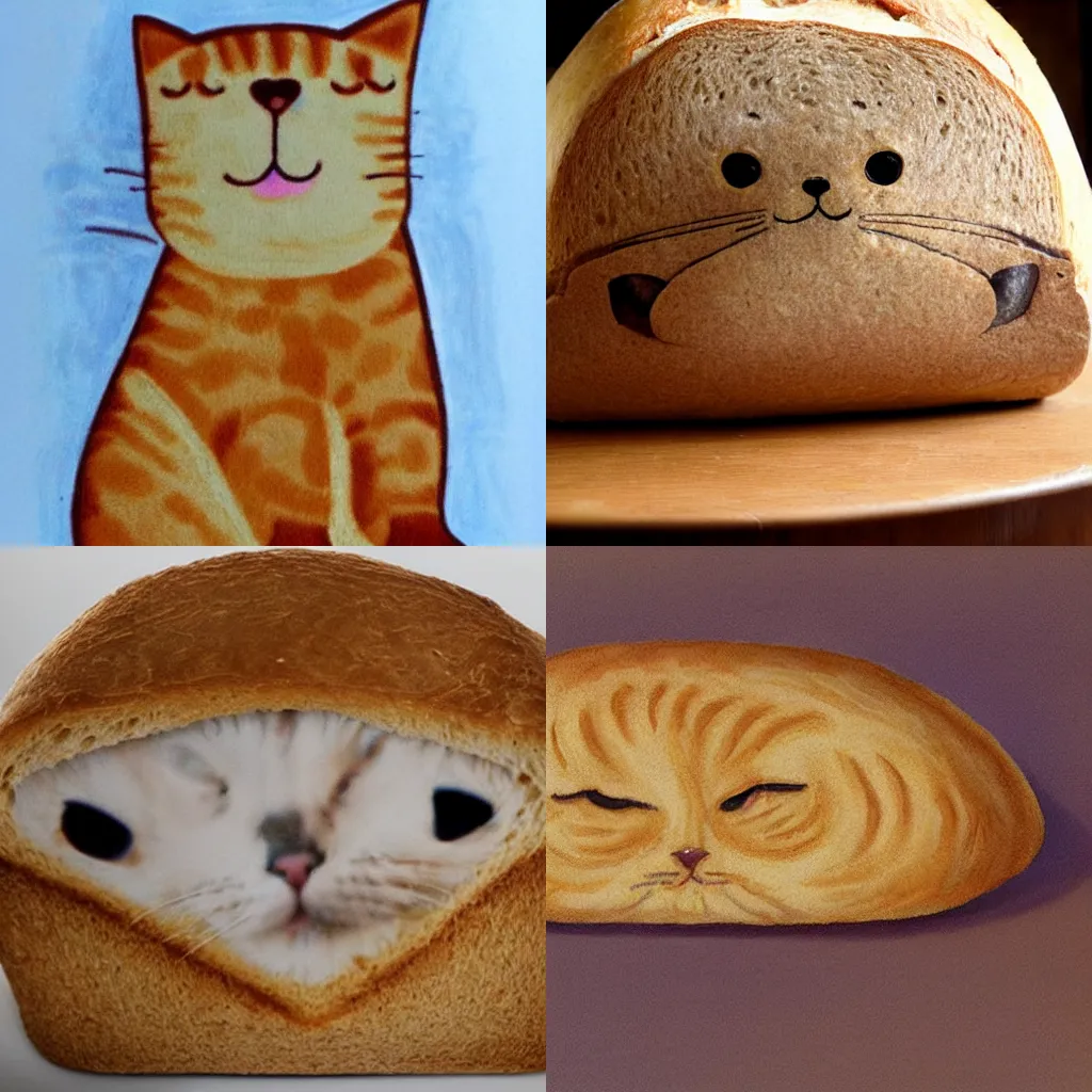 Prompt: cat shaped as a loaf of bread, silly portrait, toasty toaster butter