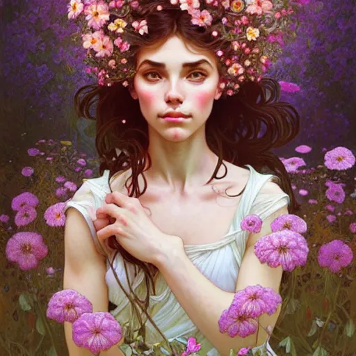 Prompt: Portrait of a girl surrounded by flowers, face, fantasy, intricate, elegant, highly detailed, digital painting, artstation, concept art, smooth, sharp focus, illustration, art by Fernanda Suarez and Artem Demura and alphonse mucha