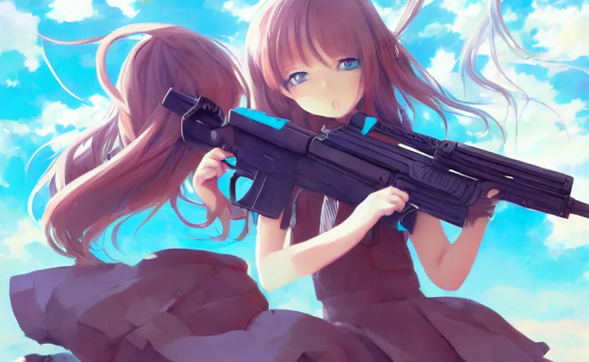 Prompt: an anime image sovieet school-girl with a Turquoise hair holding an assault rifle, by Stanley Artgerm Lau, WLOP, Rossdraws, James Jean, Andrei Riabovitchev, Marc Simonetti, and Sakimichan, trending on Pixiv