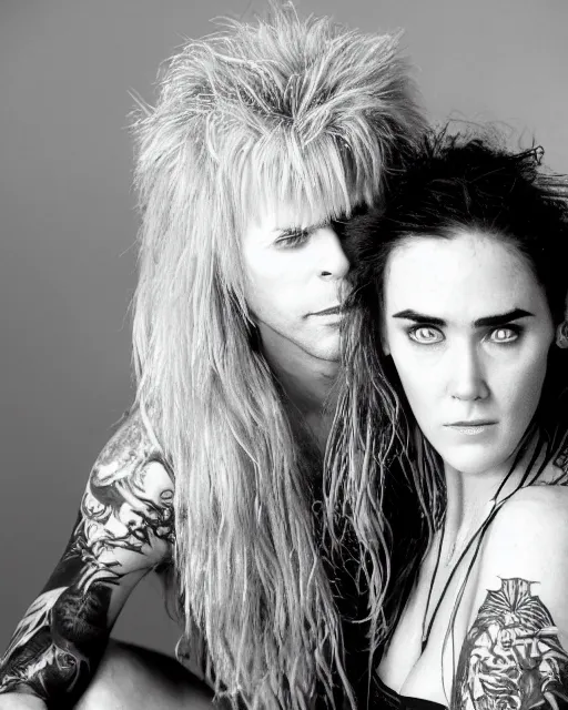 Prompt: 35mm macro photograph of Jareth and young Jennifer Connelly, vibrant high contrast, octane, arney freytag, Fashion photo shoot,, glamorous, tattoos,shot in the photo studio, backlit, rim lighting, 8k