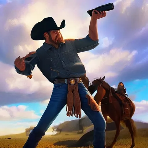 Image similar to a cowboy wearing a cowboy hat and shooting a revolver into the air. digital art. trending on artstation. amazing quality. great composition. perfect lighting. professional design. mind blowing detail. impressive colors. award winning art.