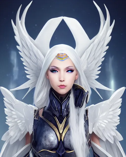 Prompt: perfect white haired egyptian goddess wearing white dove wings, warframe armor, regal, attractive, ornate, beautiful, dreamy, half asian, pretty face, blue eyes, detailed, scifi platform, 4 k, ultra realistic, epic lighting, android body, illuminated, cinematic, masterpiece, art by akihito tsukushi, voidstar, artgerm