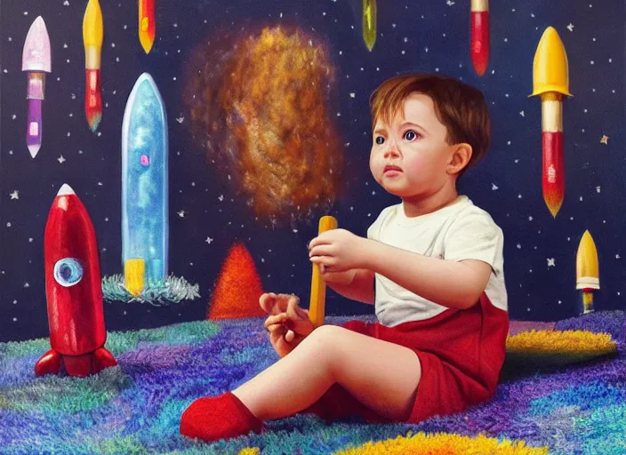 Prompt: toddler elon musk sitting on a shaggy rug playing with his big rockets, holding a rocket, shiny rocket, bedroom, realistic painting, beautiful lighting, istvan sandorfi