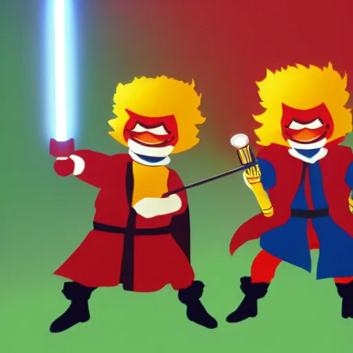 Prompt: ronald mcdonald and burger king dueling it out on mount doom with lightsabers