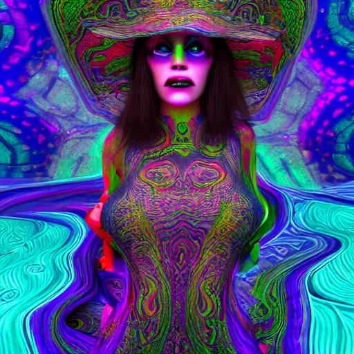 Image similar to psychadelic witch, hyper detailed, flowing psychadelic background intricate and detailed, 8 k, octane render