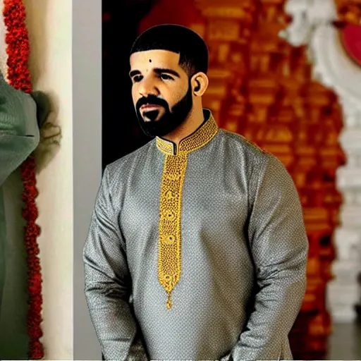 Image similar to photograph of drake the rapper, wearing a kurta, standing in a hindu kovil, drake the rapper's face