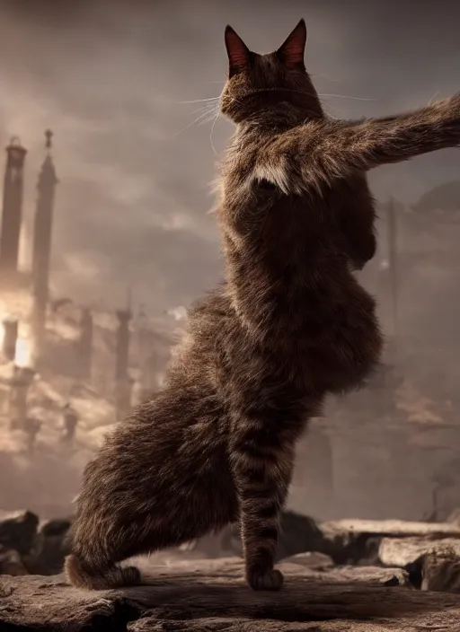 Image similar to a bipedal cat with a sword in elden ring, gameplay, 8k, hd