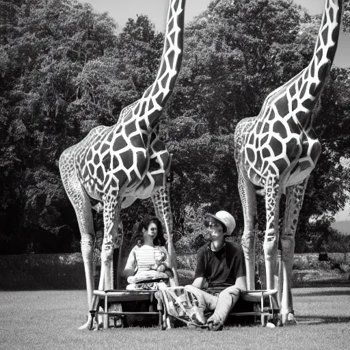 Prompt: mechanical giraffes, having a picnic, realistic, daylight, 3 5 mm, photo