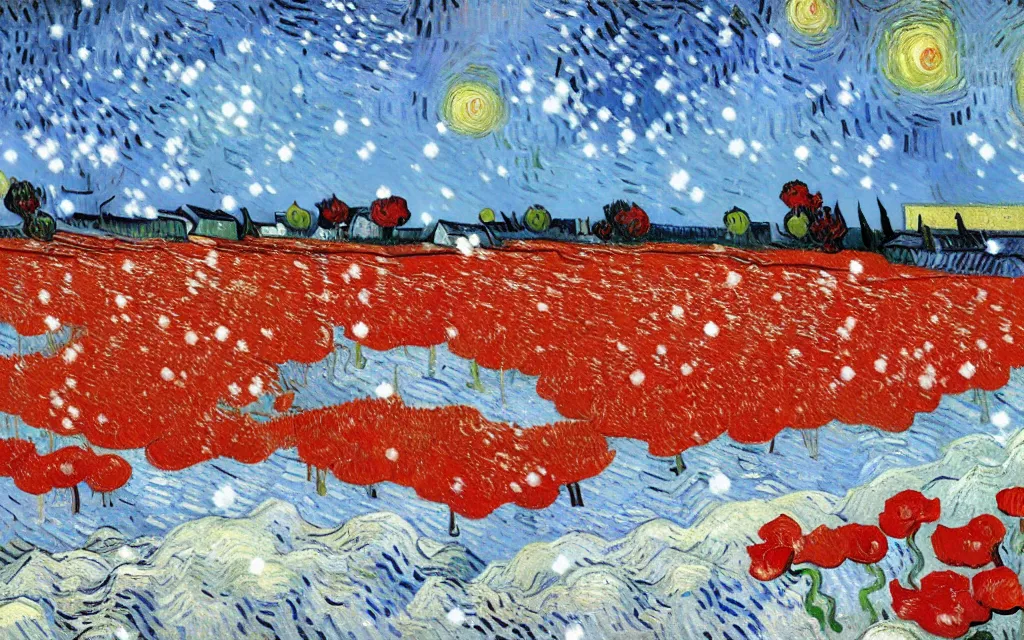 Image similar to detailed expressionist oil painting by van gogh of a snowy field in winter, falling snow on a field with scattered red poppies, winter landscape painting, silent snowfall, expressionism, 8 k resolution, smooth, sharp focus, matte painting