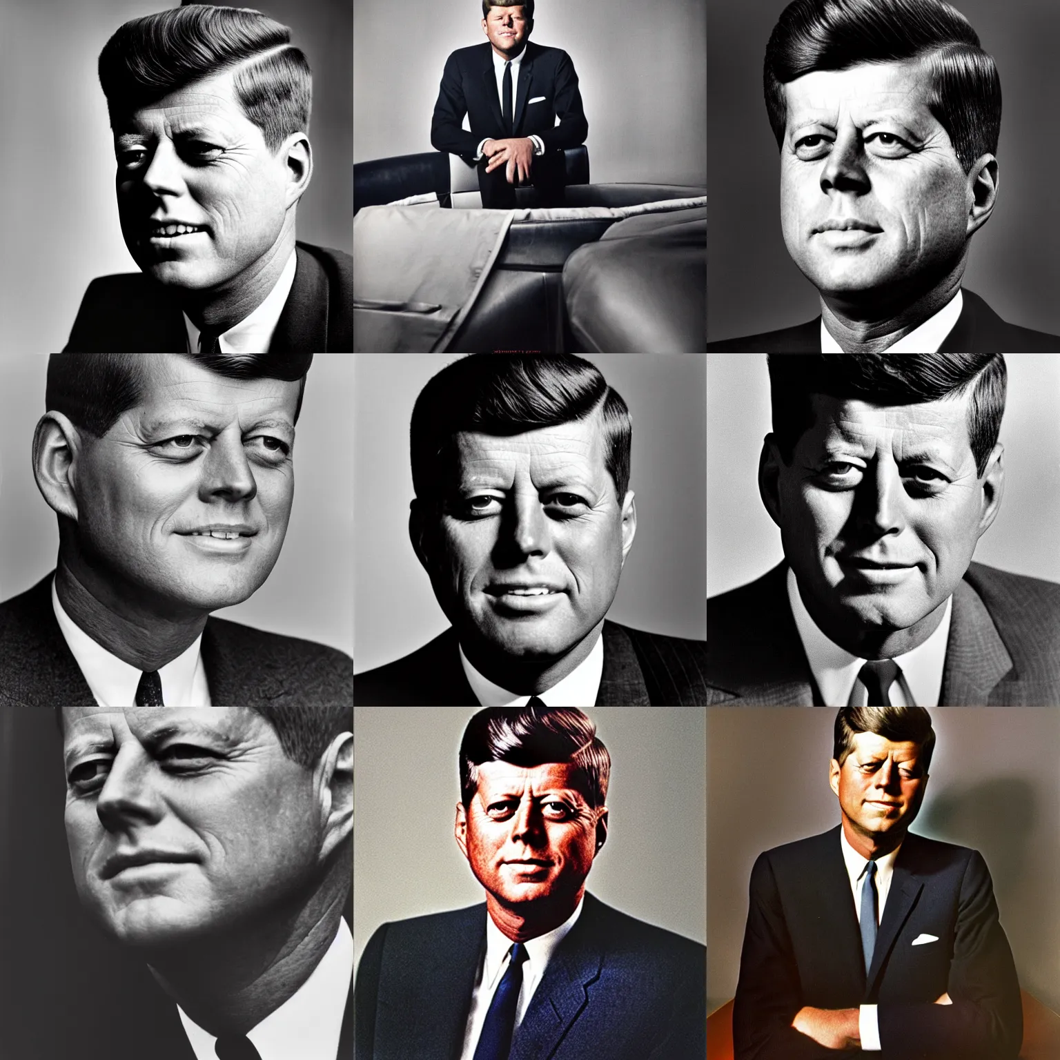 Prompt: Official Portrait of the United States President, 1962. John F Kennedy, with hair cut to a bald fade. Photography taken by Bo Bartlett