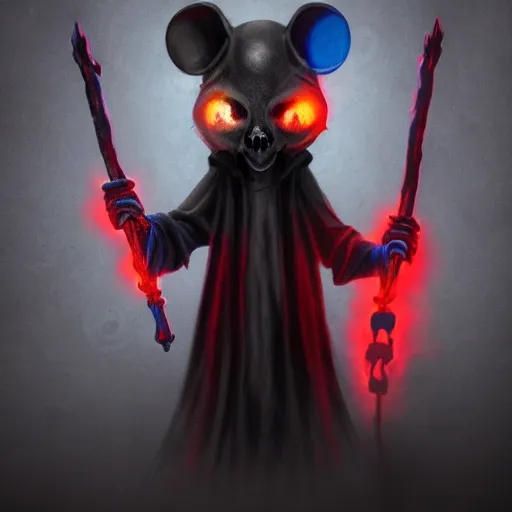 Image similar to photo of an anthropomorphic rat, ghostly anthropomorphic rat with skull face and glowing red eyes wearing black tattered robes and holding two blue flames, grim reaper except a rat, photorealistic, artstation