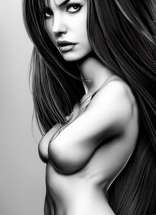 Image similar to full body portrait of a beautiful woman in black and white, photorealistic, hair down to waist, art by diego fazio and diegoKoi and artgerm, concept art, hyper sharp focus, 8k highly detailed