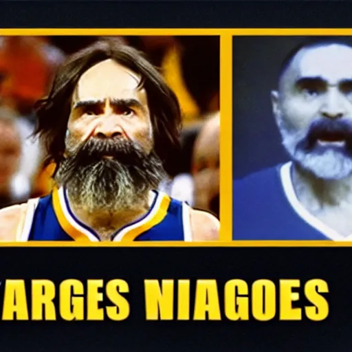 Image similar to nba television footage depicting charles manson coaching the golden state warriors