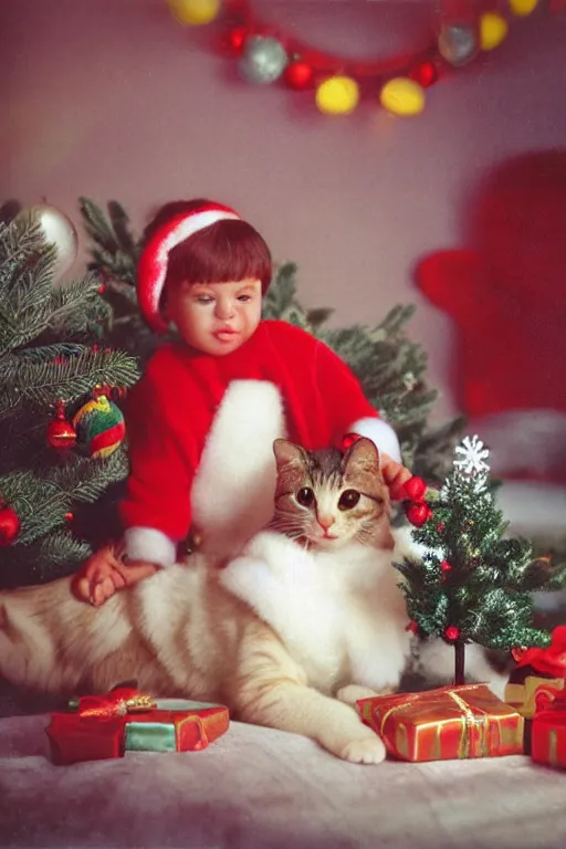 Image similar to retro photo cat in cute baby dress on the background of a retro christmas tree with 1 9 7 0 new year's toys, ussr, sovet ; kodak ektar, 2 0 0 iso, 3 5 mm lens, bill henson style beautiful chiaroscuro lighting, beautiful colour palette, beautiful and realistic, wide shot