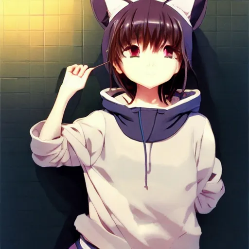 Image similar to a cute anime girl wearing a cat hoodie sleeping, wlop, ilya kuvshinov, artgerm, krenz cushart, greg rutkowski, hiroaki samura, range murata, james jean, katsuhiro otomo, erik jones, serov, surikov, vasnetsov, repin, kramskoi 4 k