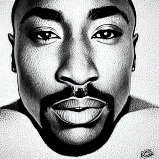 Image similar to tupac portrait, drawn with dots, art, minimalist,