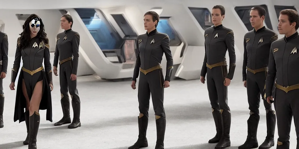 Image similar to gal gadot, in full starfleet uniform, is the captain of the starship enterprise in the new star trek movie