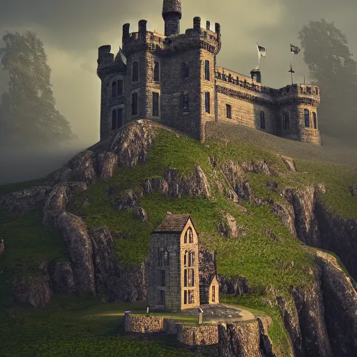 Prompt: a king ruling over a tower of a castle on some hills in england, cinematic, cgsociety, hyper detailed, octane render, unreal engine, foggy, middle of the day, photorealistic