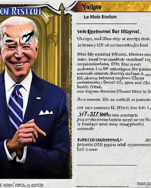 Image similar to biden on a yugioh monster card as a level 1 0 monster